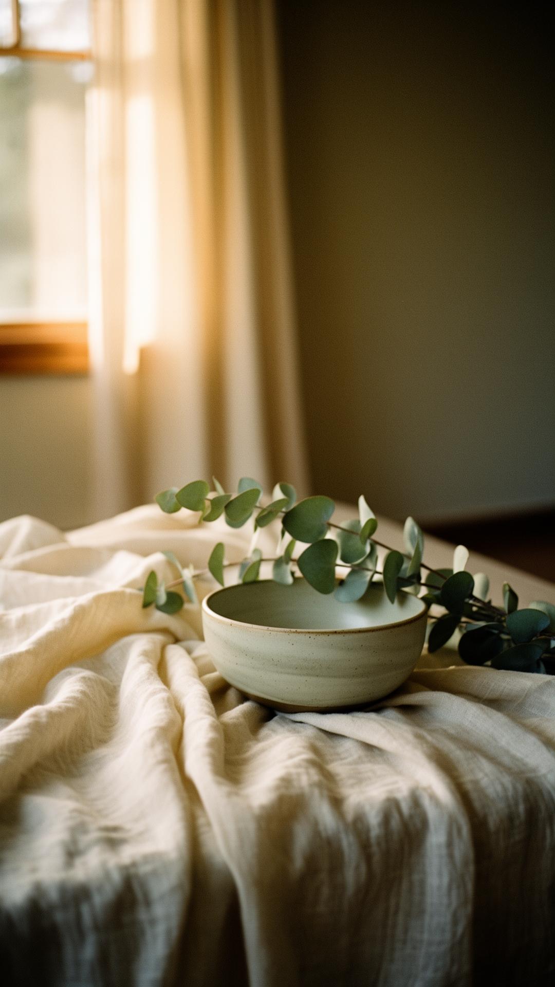 Linen draped table with a ceramic bowl and eucalyptus in soft window light