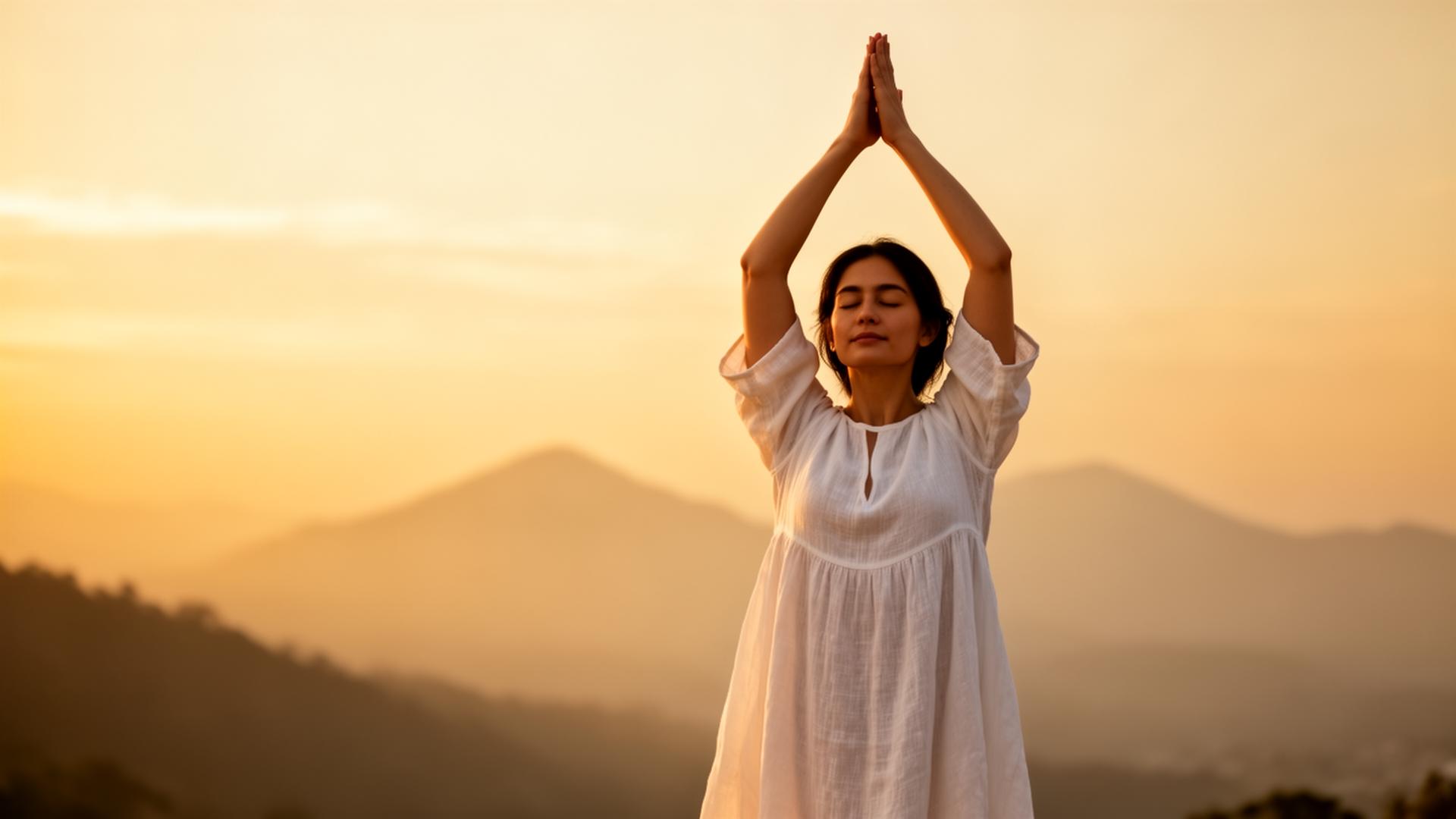 A woman in flowing white linen at golden hour, arms raised in practice